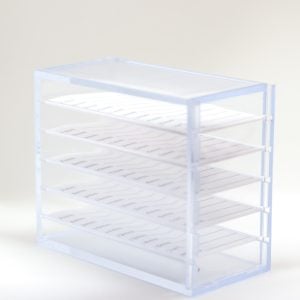 alt="Clear 5-tier acrylic lash storage organizer for eyelash trays and tools"