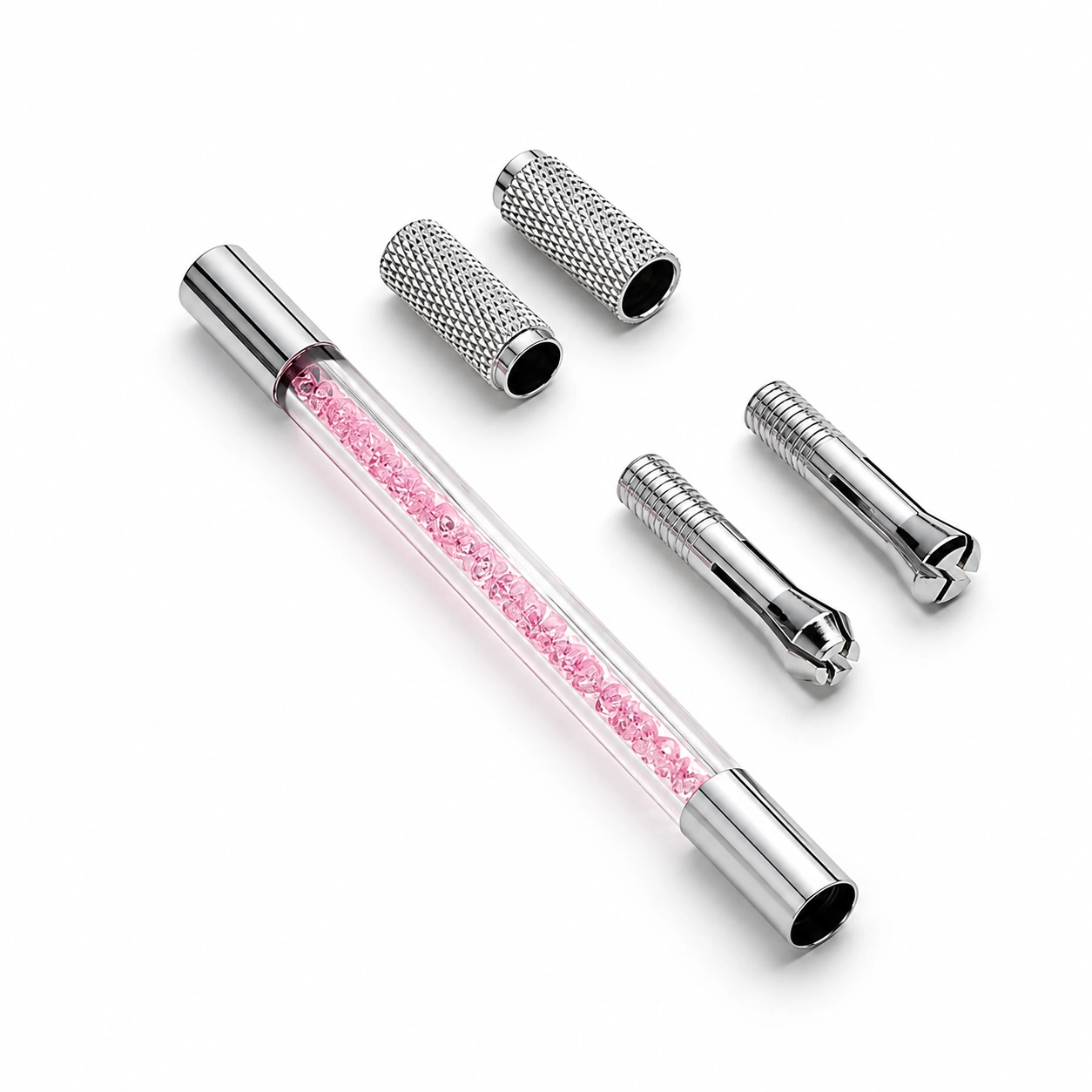 Dual-Head Acrylic Diamond Microblading Pen with a clear acrylic body and diamond-textured grip for superior precision and control. Professional PMU tool designed to hold two microblading needles, allowing seamless switching between blade types for efficient microblading, shading, and permanent makeup treatments.