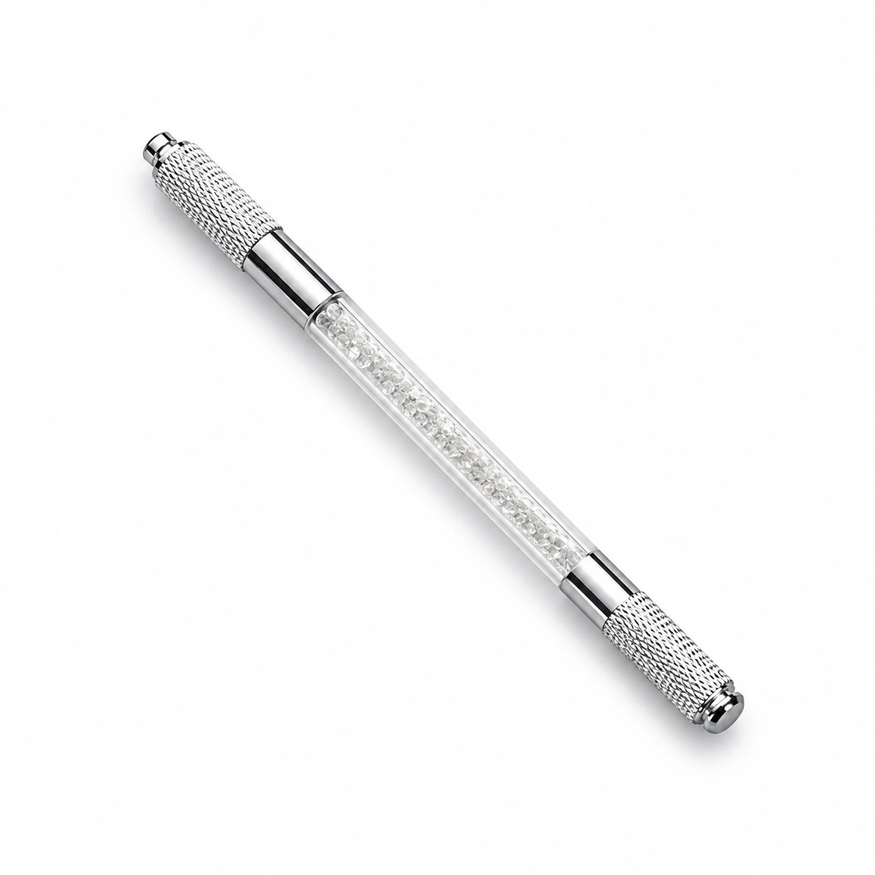 Dual-Head Acrylic Diamond Microblading Pen with a clear acrylic body and diamond-textured grip for superior precision and control. Professional PMU tool designed to hold two microblading needles, allowing seamless switching between blade types for efficient microblading, shading, and permanent makeup treatments.
