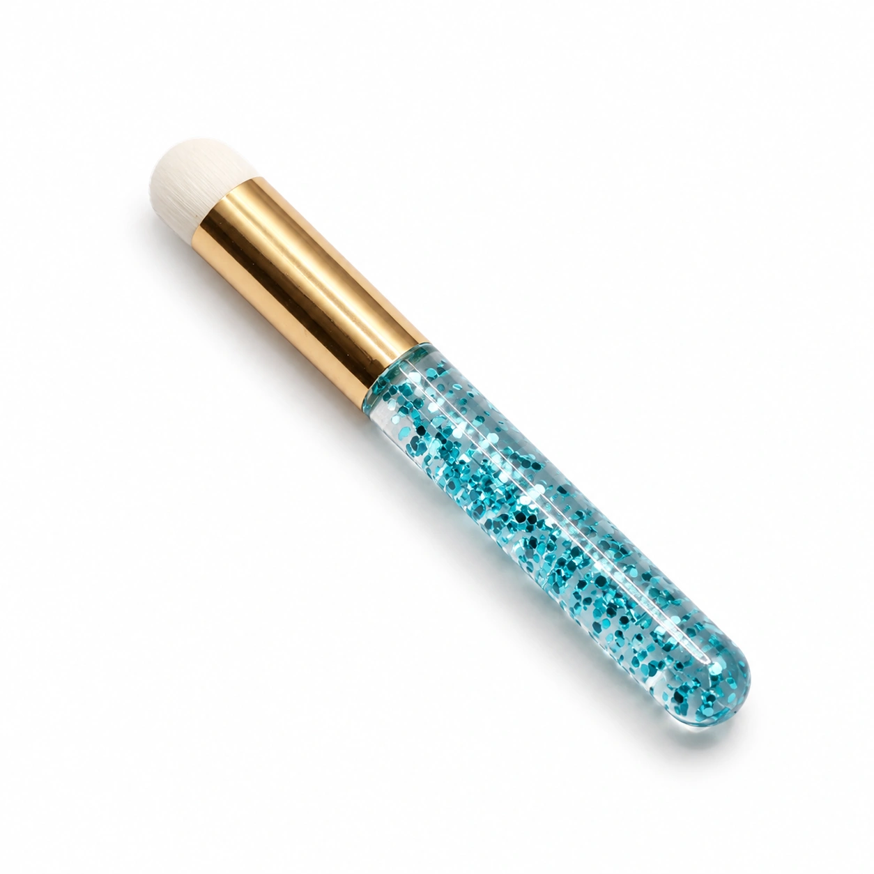 Turquoise Glitter soft-bristled lash cleansing brush for gently deep-cleaning eyelash extensions with foaming lash shampoo.