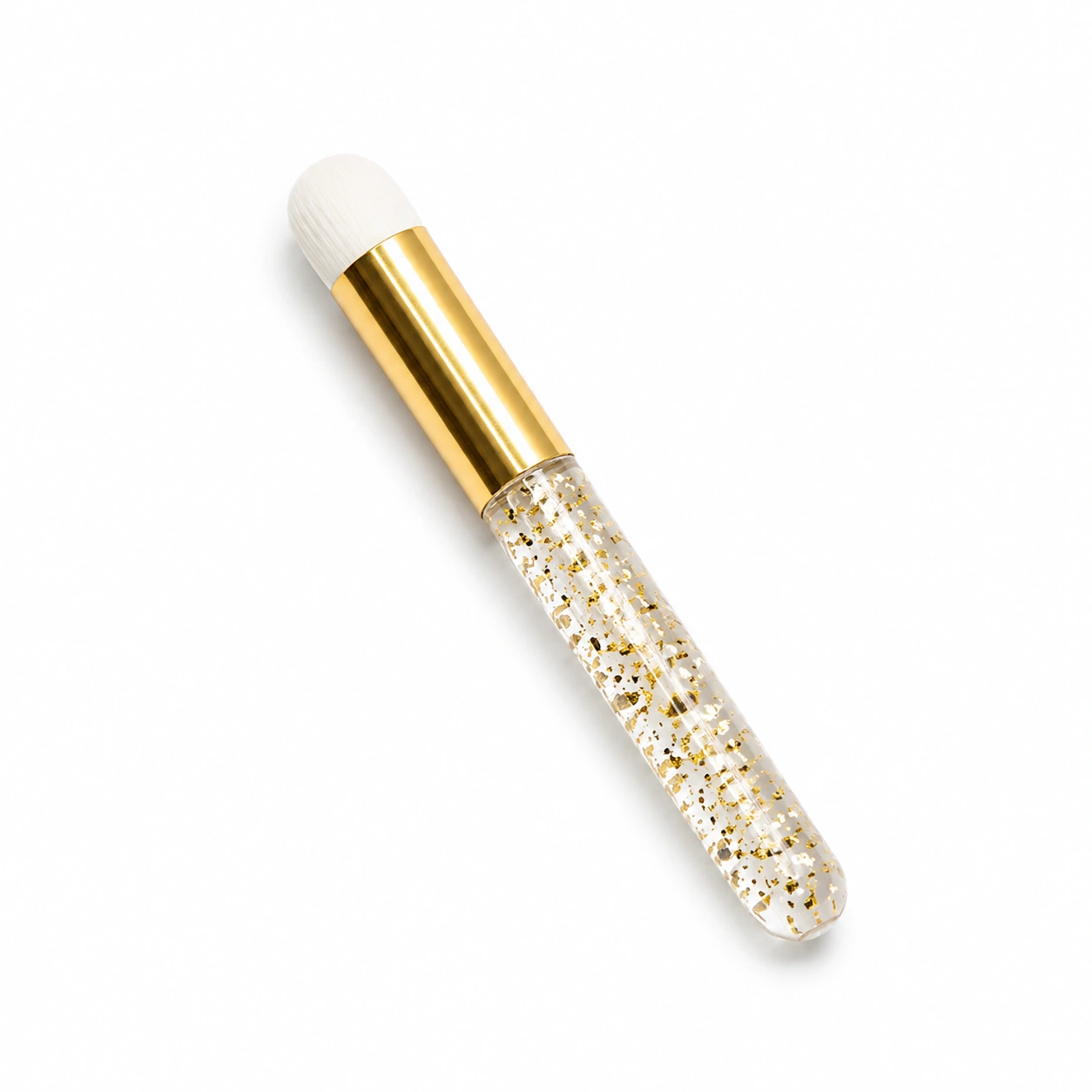 Gold glitter soft-bristled lash cleansing brush for gently deep-cleaning eyelash extensions with foaming lash shampoo.