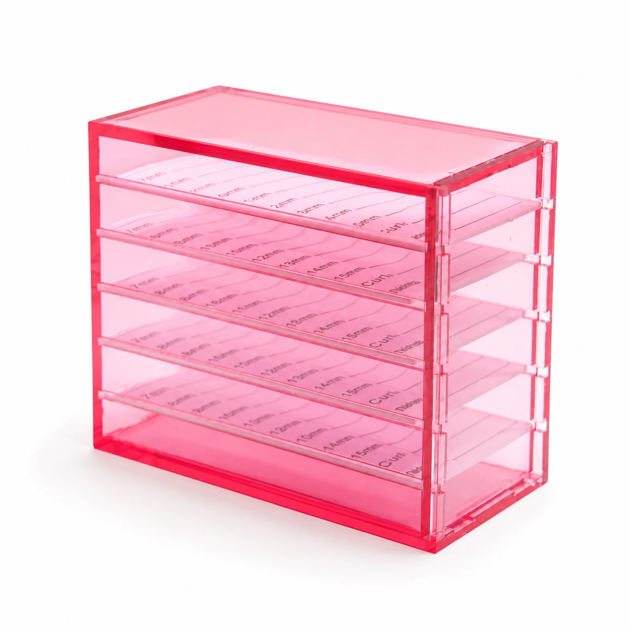 Clear pink Acrylic Lash Storage Organizer with five pull-out drawers for neatly storing and protecting lash trays, eyelash extensions, tweezers, and accessories. Dustproof, durable organizer with labeled compartments for curl, thickness, and length, helping professional lash artists maintain an efficient, organized workspace.