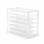 Clear Acrylic Lash Storage Organizer with five pull-out drawers for neatly storing and protecting lash trays, eyelash extensions, tweezers, and accessories. Dustproof, durable organizer with labeled compartments for curl, thickness, and length, helping professional lash artists maintain an efficient, organized workspace.