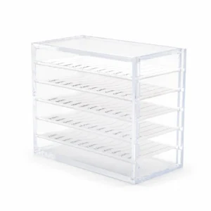 Clear Acrylic Lash Storage Organizer with five pull-out drawers for neatly storing and protecting lash trays, eyelash extensions, tweezers, and accessories. Dustproof, durable organizer with labeled compartments for curl, thickness, and length, helping professional lash artists maintain an efficient, organized workspace.