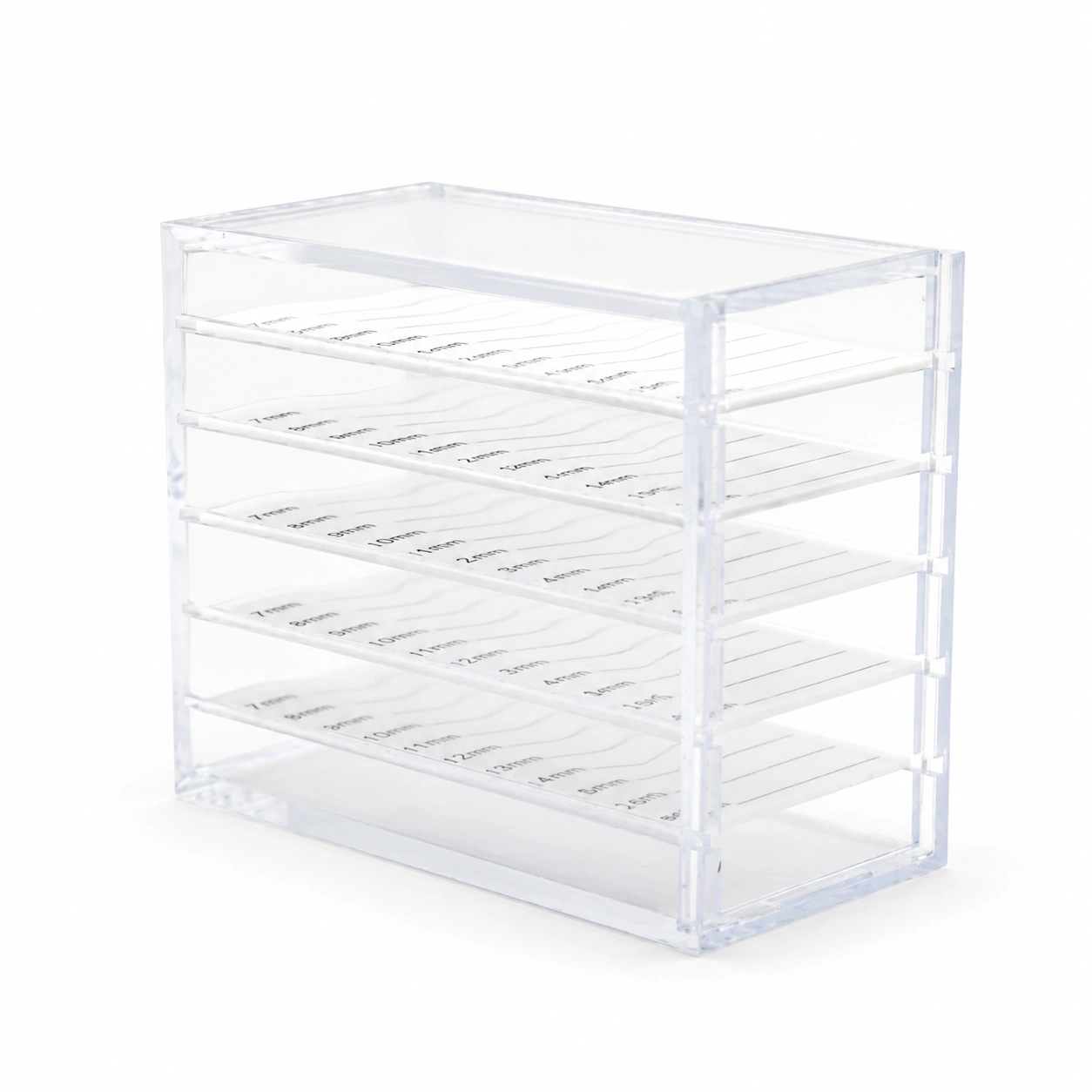 Clear Acrylic Lash Storage Organizer with five pull-out drawers for neatly storing and protecting lash trays, eyelash extensions, tweezers, and accessories. Dustproof, durable organizer with labeled compartments for curl, thickness, and length, helping professional lash artists maintain an efficient, organized workspace.
