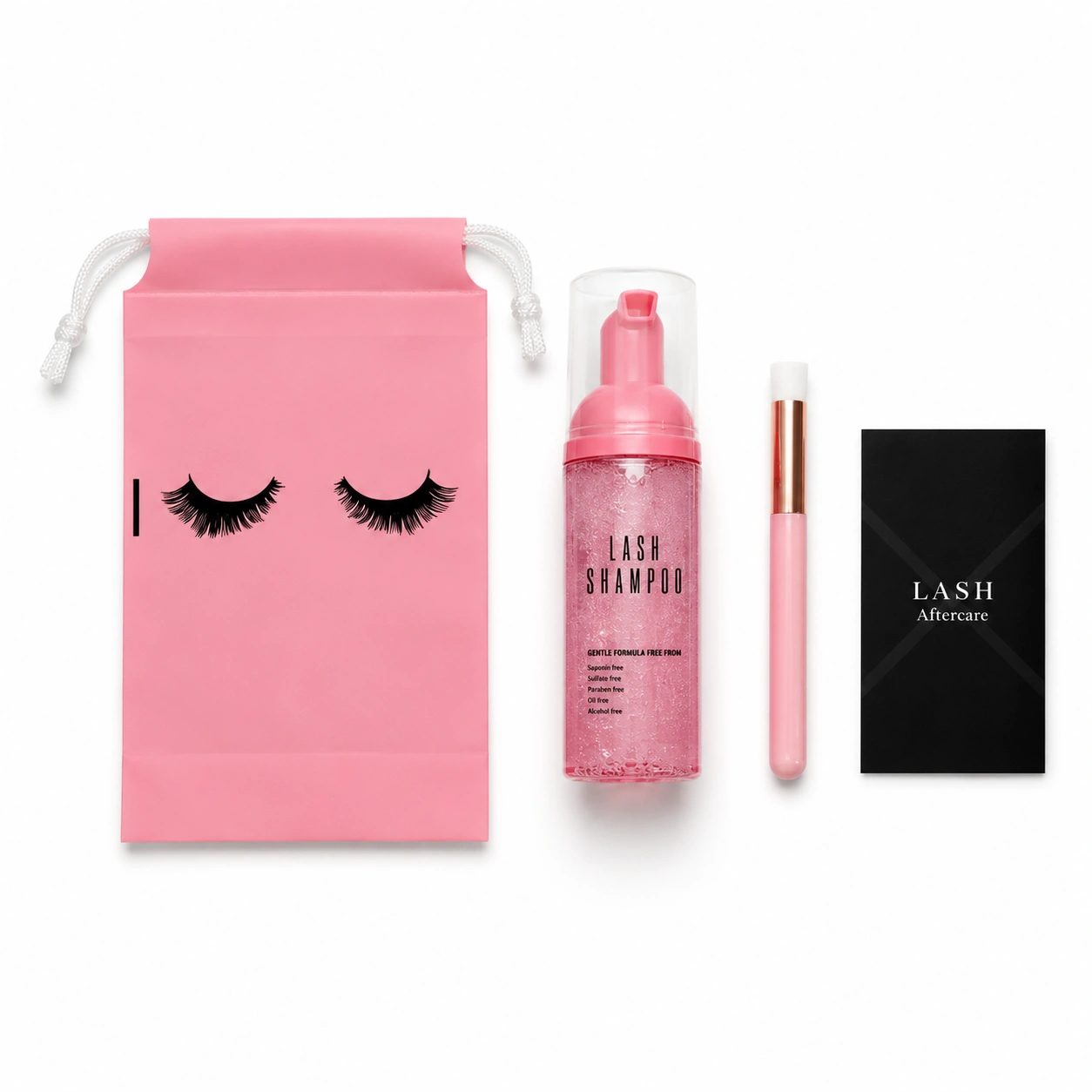 Hot Pink Transparent Standard Lash Kit including a lash shampoo bottle, soft cleansing brush, and aftercare card. Essential lash extension aftercare set designed to gently cleanse and maintain clean, healthy lashes.
