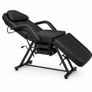 Adjustable Lash & Beauty Bed in Black – Professional beauty bed with adjustable backrest and leg sections, high-density foam cushioning, and easy-clean upholstery. Features removable armrests, a head pillow, and under-bed storage trays, making it ideal for lash, brow, and facial treatments.