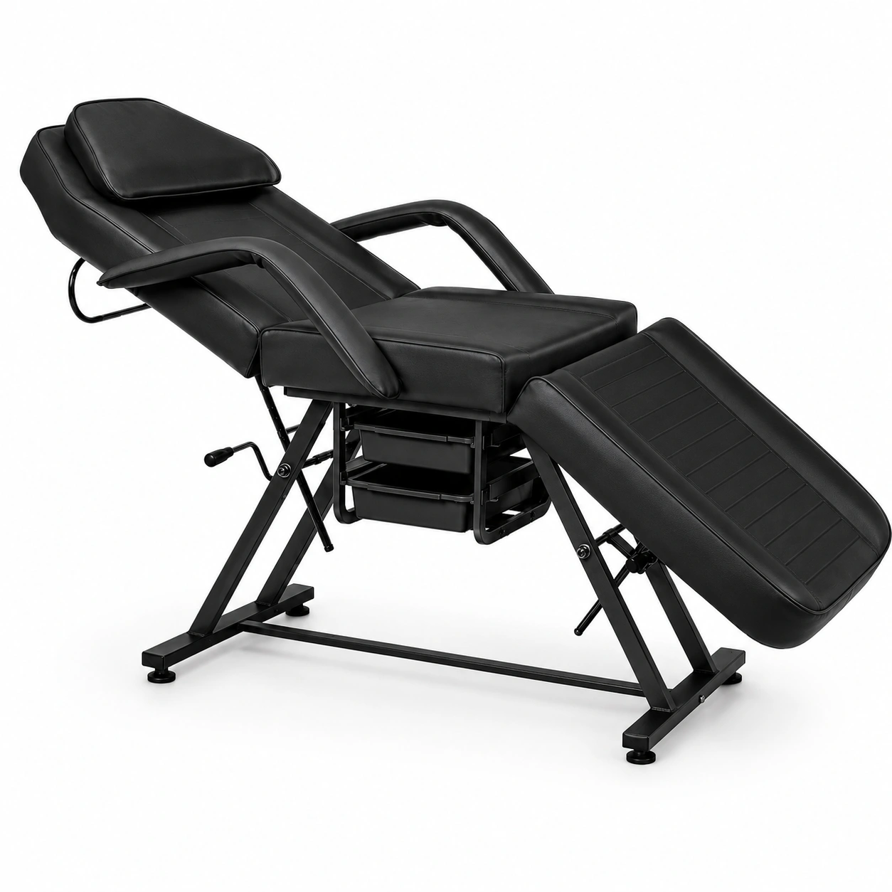 Adjustable Lash & Beauty Bed in Black – Professional beauty bed with adjustable backrest and leg sections, high-density foam cushioning, and easy-clean upholstery. Features removable armrests, a head pillow, and under-bed storage trays, making it ideal for lash, brow, and facial treatments.
