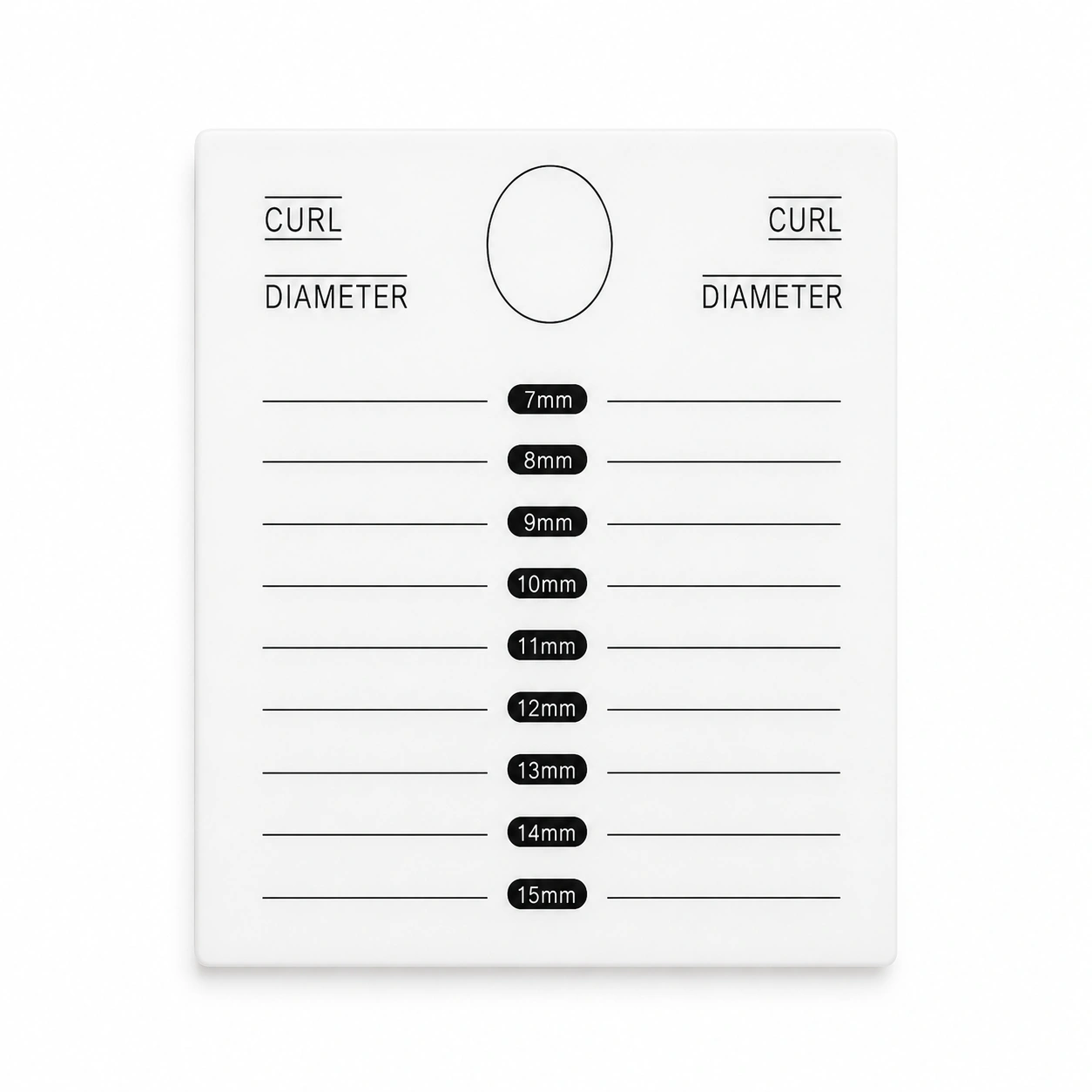 Professional Acrylic Lash Tile with clearly marked curl and length guides for organizing eyelash extension strips during lash applications. Durable, reusable lash palette with a non-slip base helps lash artists work faster, stay organized, and create flawless classic, hybrid, and volume lash sets.