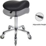alt="Adjustable saddle chair with wheels for salon use"
