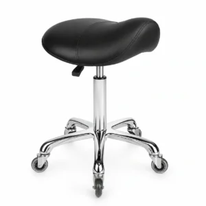 Ergonomic Saddle Stool – Professional height-adjustable saddle stool with a contoured ergonomic seat, 360° swivel, and smooth-rolling wheels. Designed to promote good posture and provide comfort for lash artists and beauty professionals during long treatments.
