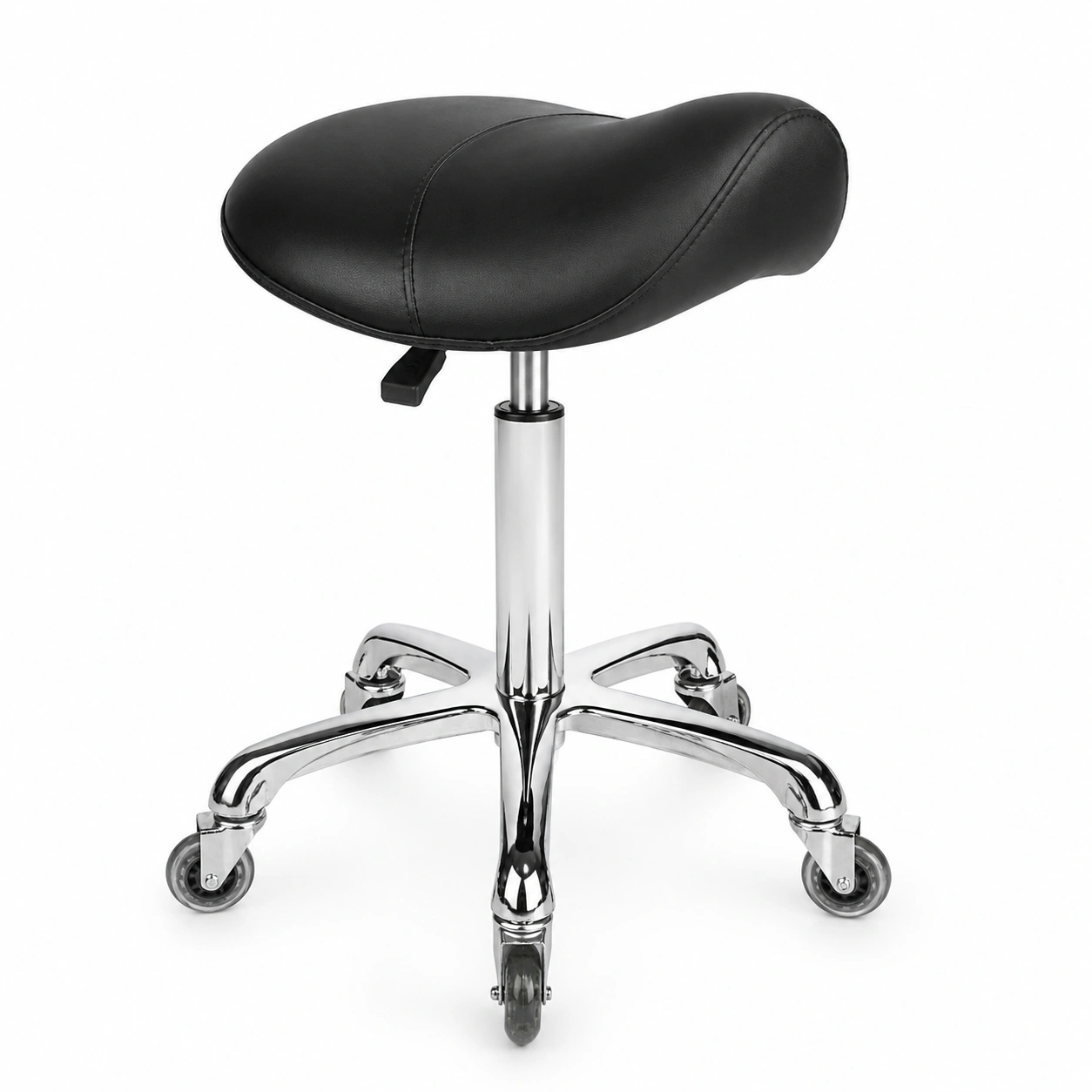 Ergonomic Saddle Stool – Professional height-adjustable saddle stool with a contoured ergonomic seat, 360° swivel, and smooth-rolling wheels. Designed to promote good posture and provide comfort for lash artists and beauty professionals during long treatments.
