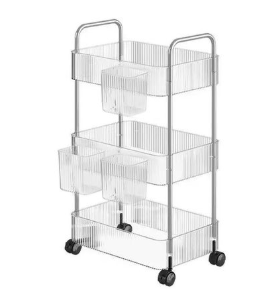 alt="Transparent lash trolley with multiple clear shelves for beauty tools"