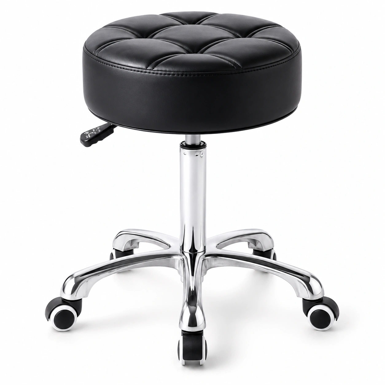 Extra Thick Cushion Stool – Black – Comfortable black salon stool featuring an extra-thick padded seat for enhanced support during long treatments. Ideal for lash artists, brow technicians, and beauty professionals.